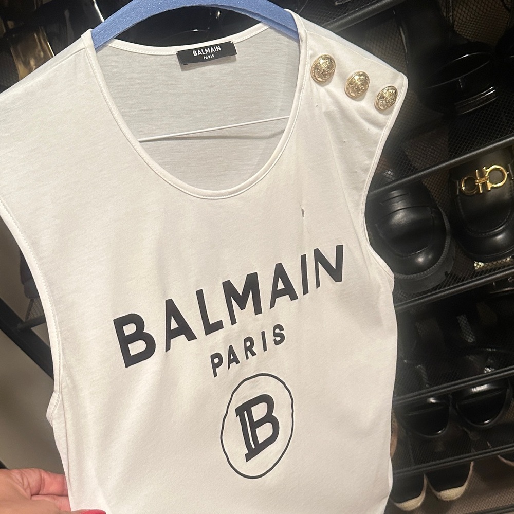 Balmain White Muscle Tee with Gold Accents